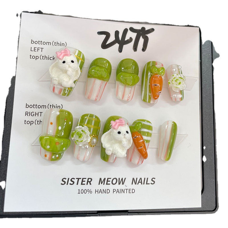Designer: MeowMeow.Handmade Nail Designs Press on Nails DIY Nail Art for woman girl Long Coffin green Cartoon