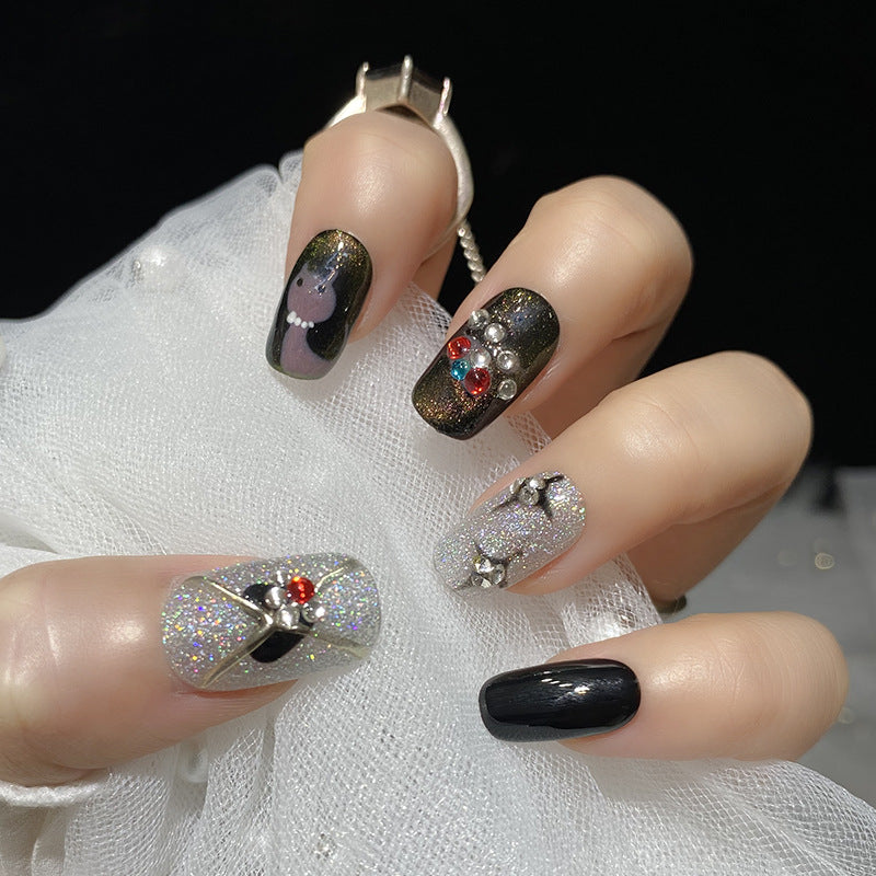Designer: HuaHua.Handmade nails Press on Nails DIY Nail Art for woman girl Long Square black