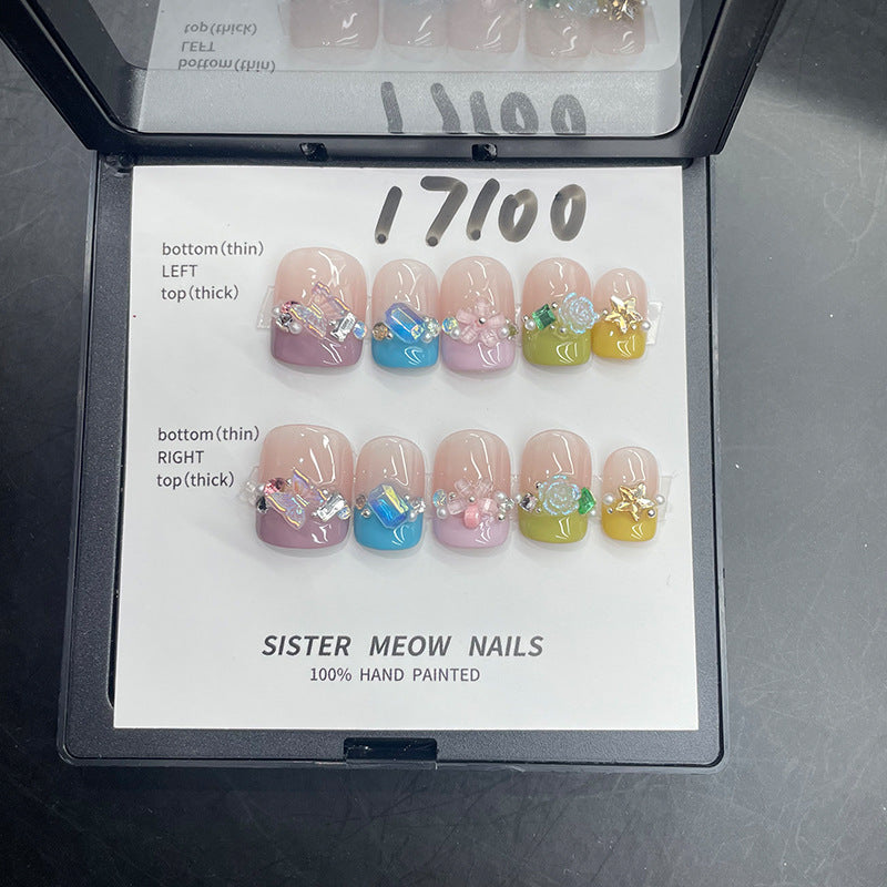 Designer: MeowMeow.Handmade Nail Designs Press on Nails DIY Nail Art for woman girl Short Square pink French colorful