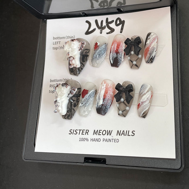 Designer: MeowMeow.Handmade Nail Designs Press on Nails DIY Nail Art for woman girl Long Coffin black