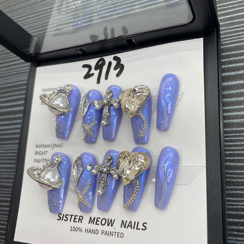 Designer: MeowMeow.Handmade Nail Designs Press on Nails DIY Nail Art for woman girl Long Coffin blue