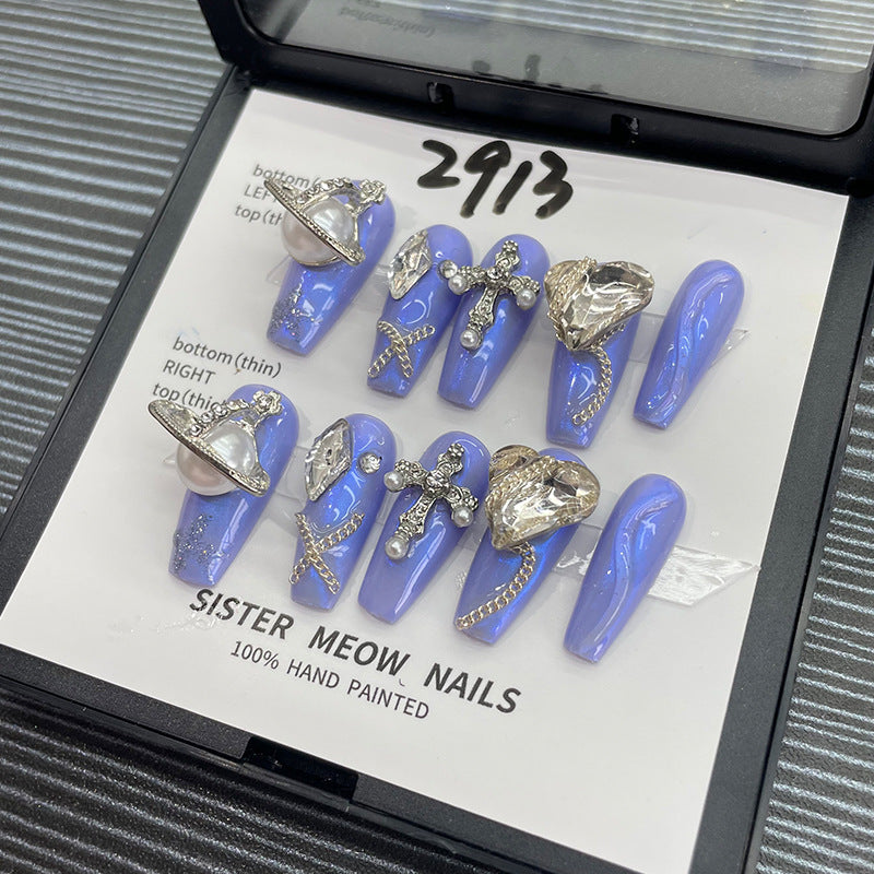 Designer: MeowMeow.Handmade Nail Designs Press on Nails DIY Nail Art for woman girl Long Coffin blue