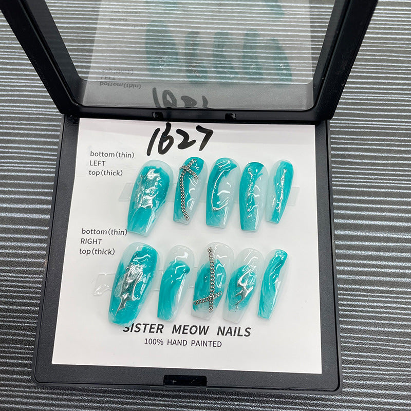 Designer: MeowMeow.Handmade Nail Designs Press on Nails DIY Nail Art for woman girl Long Coffin blue