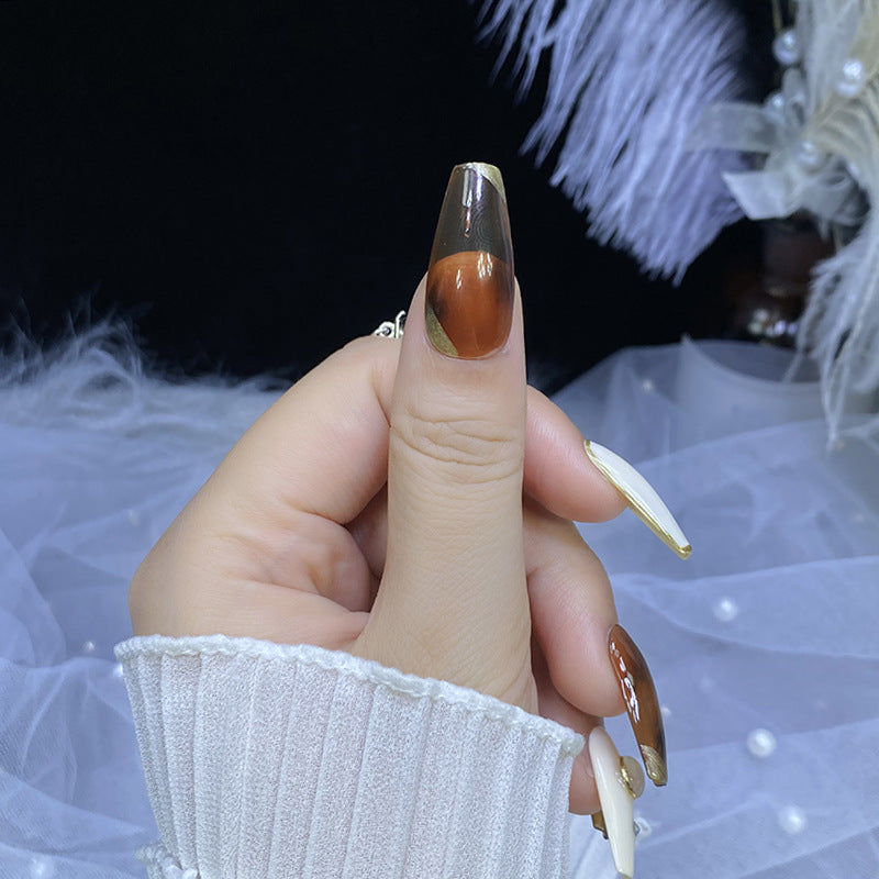 Designer: HuaHua.Handmade nails Press on Nails DIY Nail Art for woman girl Long Coffin brown