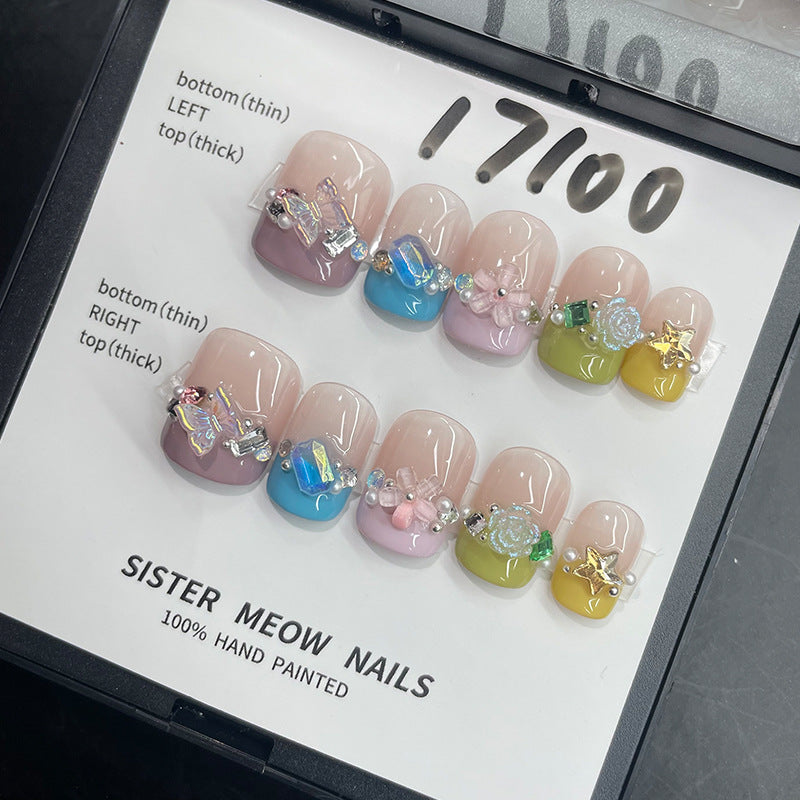 Designer: MeowMeow.Handmade Nail Designs Press on Nails DIY Nail Art for woman girl Short Square pink French colorful