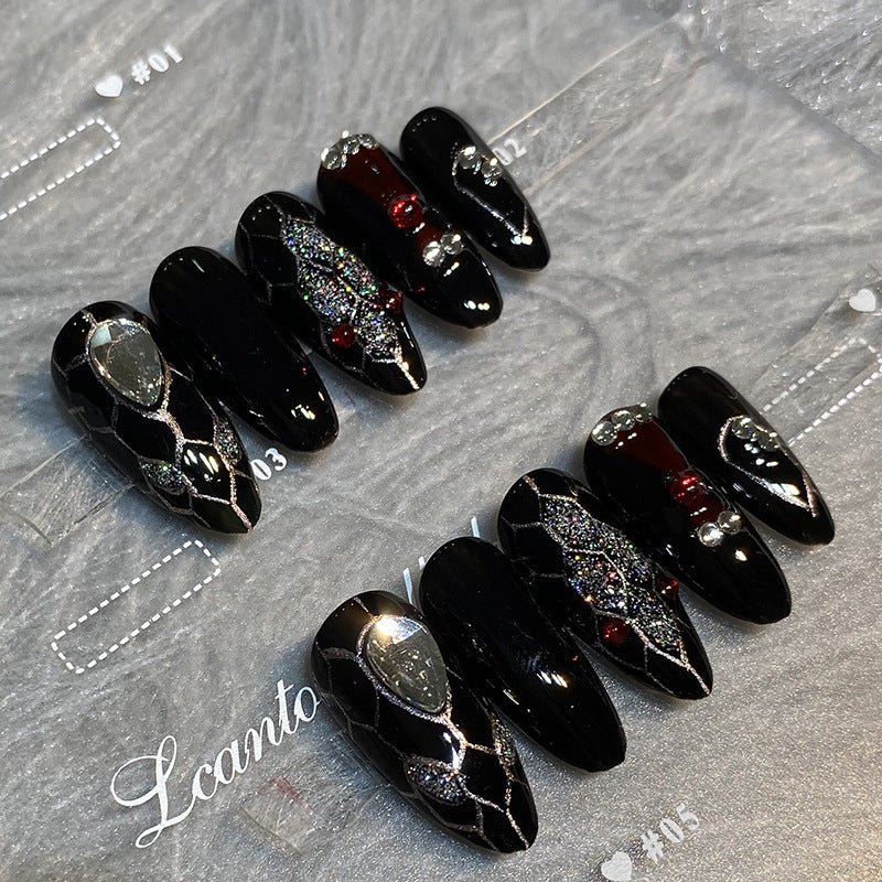 Designer: HuaHua.Handmade nails Press on Nails DIY Nail Art for woman girl Almond Long black