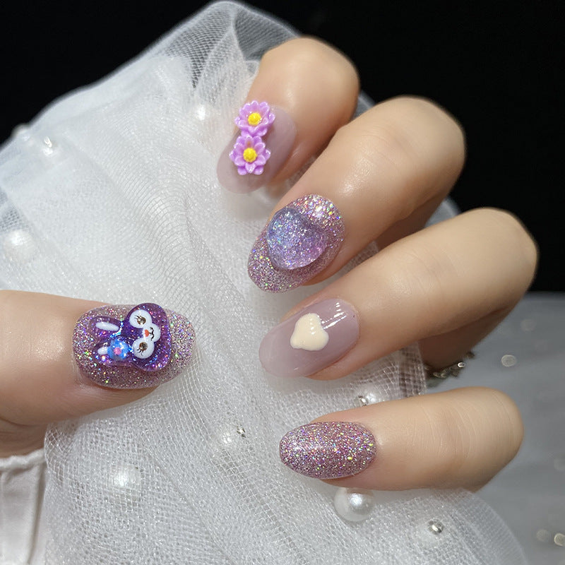 Designer: HuaHua.Handmade nails Press on Nails DIY Nail Art for woman girl Short purple Cartoon