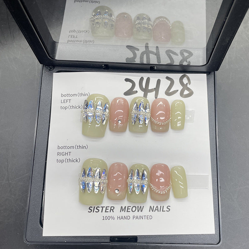 Designer: MeowMeow.Handmade Nail Designs Press on Nails DIY  Nail Art for woman girl Long Square rhinestone