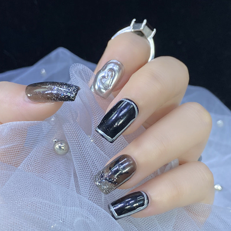 Designer: HuaHua.Handmade nails Press on Nails DIY Nail Art for woman girl Long Square black