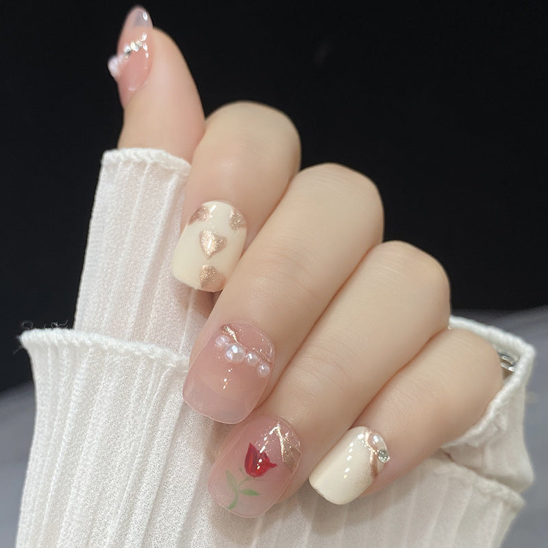 Designer: HuaHua.Handmade nails Press on Nails DIY Nail Art for woman girl Short Square pink