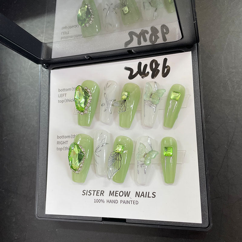 Designer: MeowMeow.Handmade Nail Designs Press on Nails DIY Nail Art for woman girl Long Coffin green