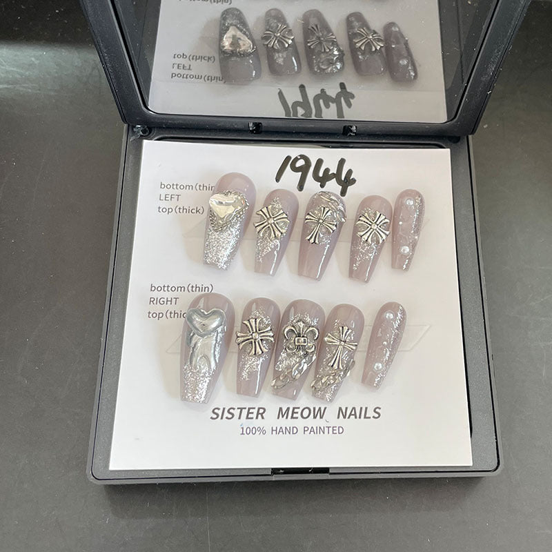 Designer: MeowMeow.Handmade Nail Designs Press on Nails DIY Nail Art for woman girl Long Coffin gray