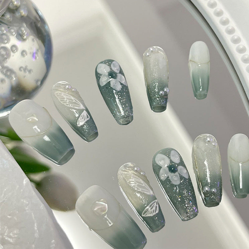 Designer: MeowMeow.1959 Handmade Nail Designs Press on Nails DIY Nail Art for woman girl Long Coffin green