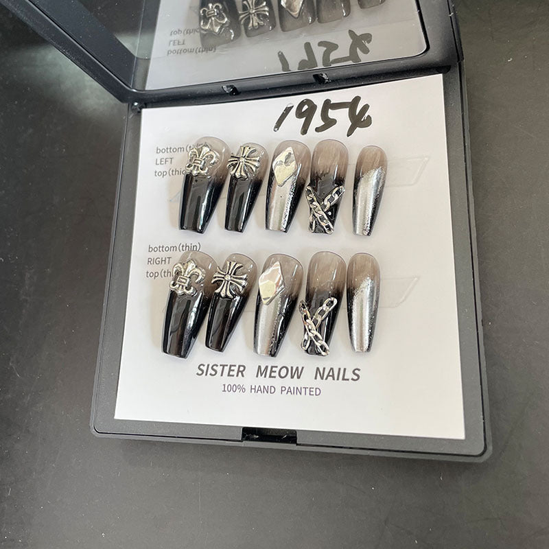 Designer: MeowMeow.Handmade Nail Designs Press on Nails DIY Nail Art for woman girl Long Coffin black
