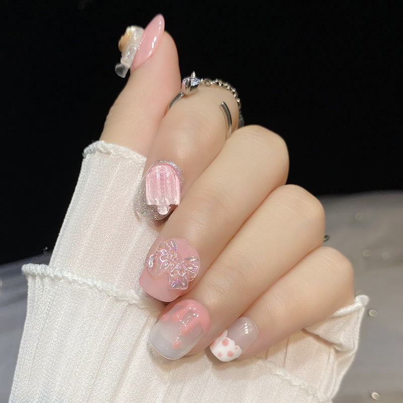 Designer: HuaHua.Handmade nails Press on Nails DIY Nail Art for woman girl Short Square pink