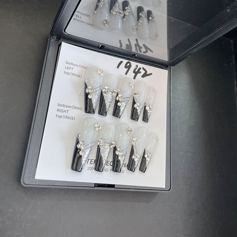 Designer: MeowMeow.Handmade Nail Designs Press on Nails DIY Nail Art for woman girl Long Coffin white black French