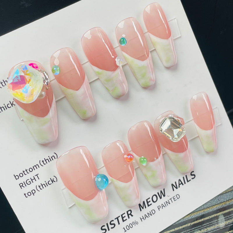 Designer: MeowMeow.Handmade Nail Designs Press on Nails DIY Nail Art for woman girl Long Coffin pink French