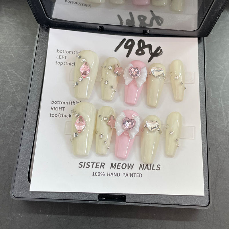 Designer: MeowMeow.Handmade Nail Designs Press on Nails DIY Nail Art for woman girl Long Coffin pink white