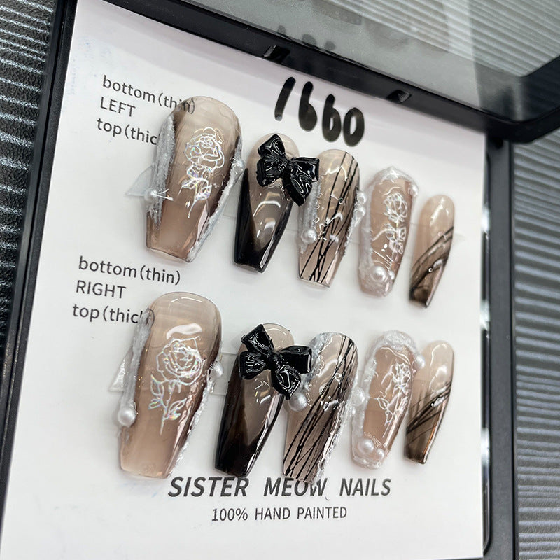 Designer: MeowMeow.Handmade Nail Designs Press on Nails DIY Nail Art for woman girl Long Coffin brown