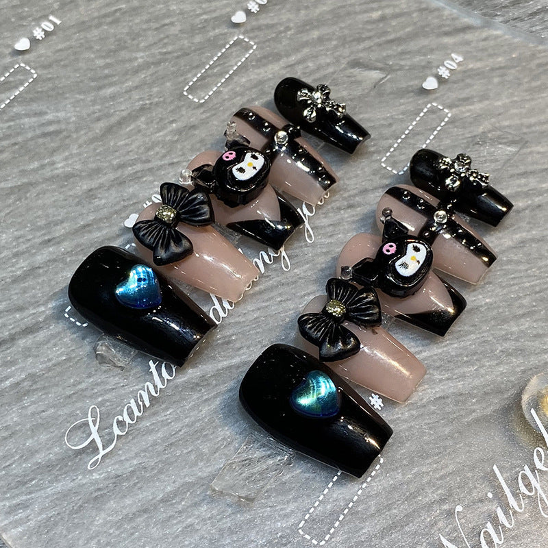 Designer: HuaHua.Handmade nails Press on Nails DIY Nail Art for woman girl Long Coffin pink Cartoon black
