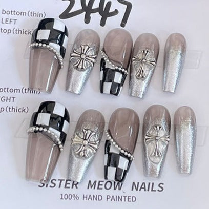 Designer: MeowMeow.Handmade Nail Designs Press on Nails DIY Nail Art for woman girl Long Coffin brown silver