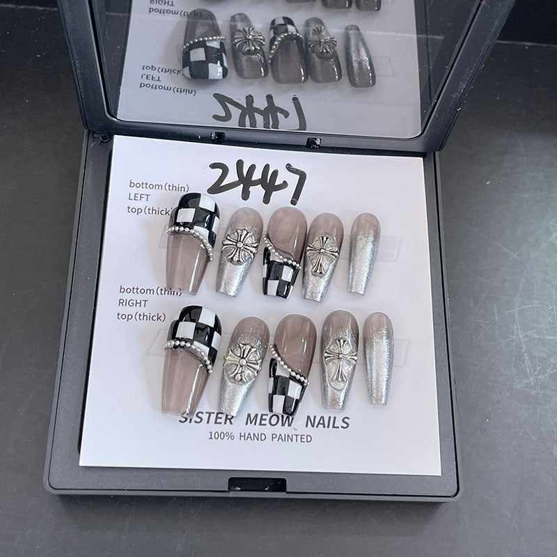 Designer: MeowMeow.Handmade Nail Designs Press on Nails DIY Nail Art for woman girl Long Coffin brown silver