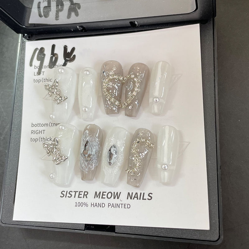 Designer: MeowMeow.Handmade Nail Designs Press on Nails DIY Nail Art for woman girl Long Coffin white