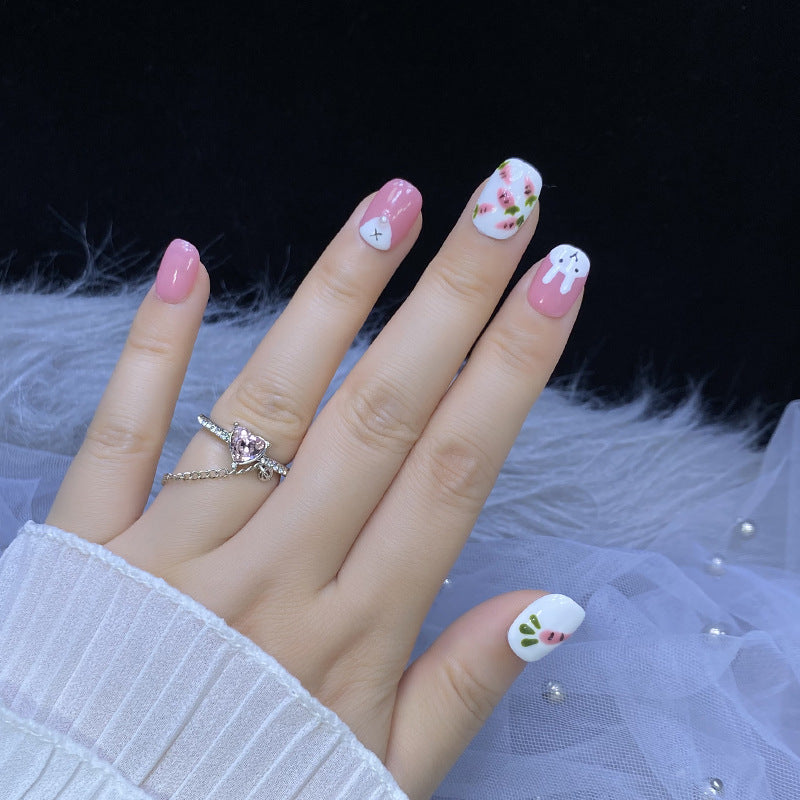 Designer: HuaHua.Handmade nails Press on Nails DIY Nail Art for woman girl Short Square pink Cartoon