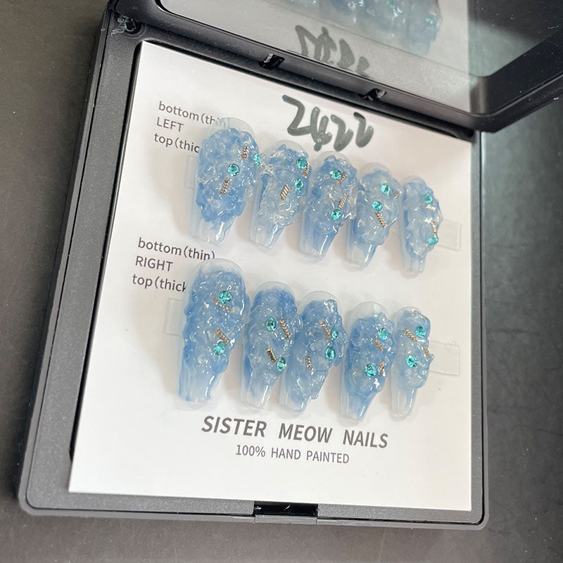 Designer: MeowMeow.Handmade Nail Designs Press on Nails DIY Nail Art for woman girl Long Coffin blue