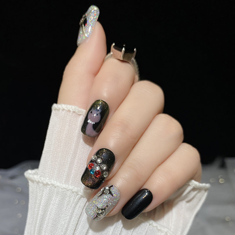 Designer: HuaHua.Handmade nails Press on Nails DIY Nail Art for woman girl Long Square black