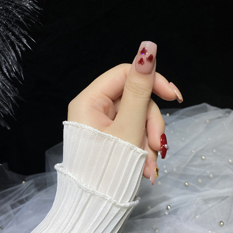 Designer: HuaHua.Handmade nails Press on Nails DIY Nail Art for woman girl Long Square pink red