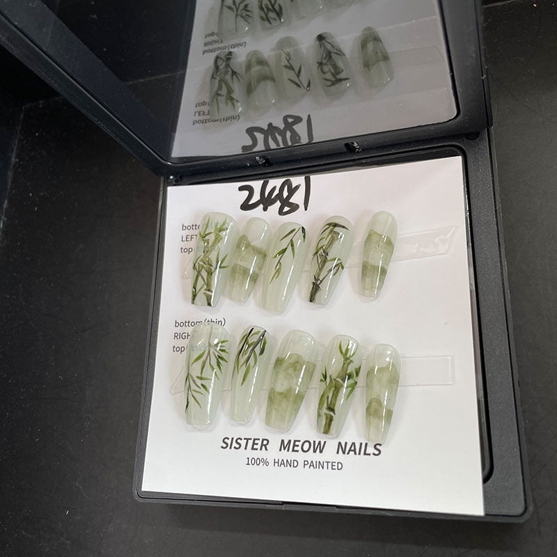 Designer: MeowMeow.Handmade Nail Designs Press on Nails DIY Nail Art for woman girl Long Coffin green