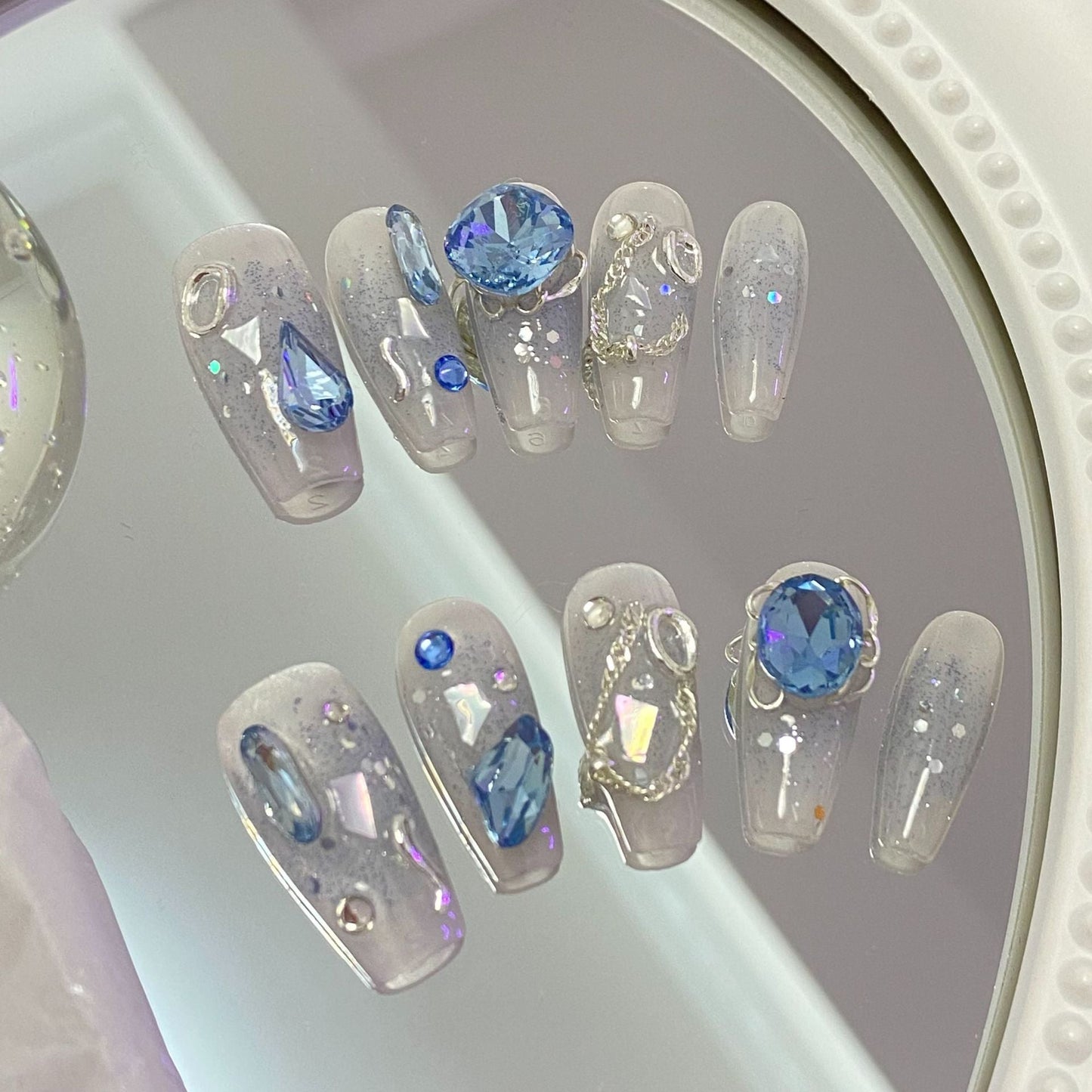Designer: MaoMao.2955 Handmade Nail Designs Press on Nails DIY Nail Art for woman girl Long Coffin blue rhinestone