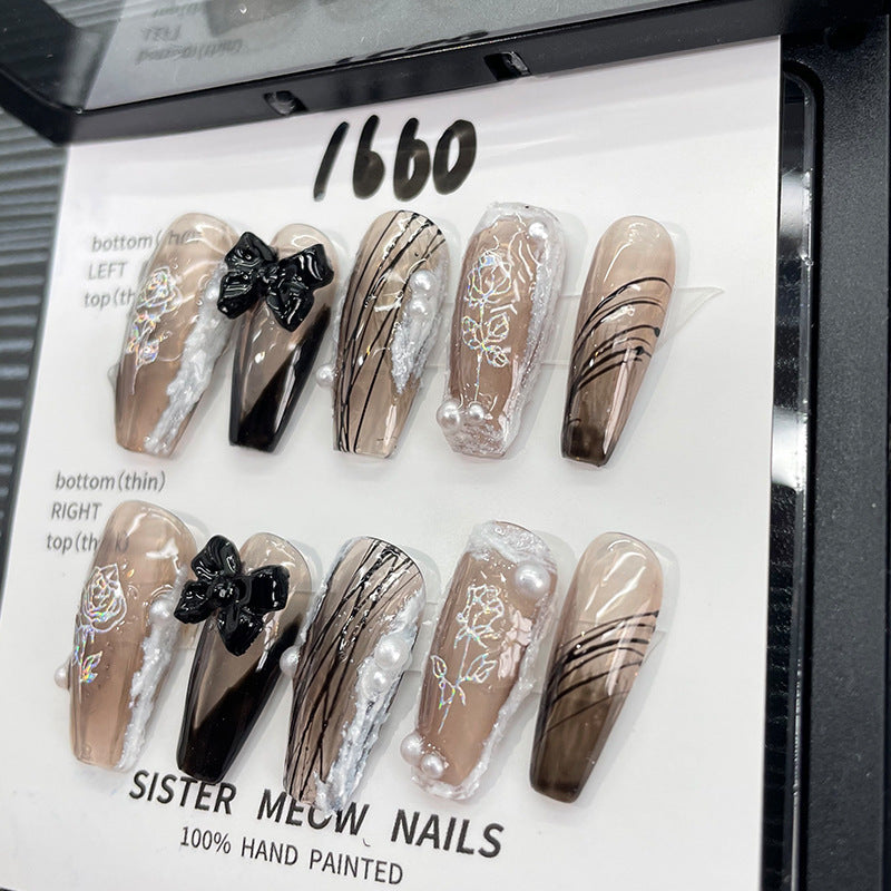 Designer: MeowMeow.Handmade Nail Designs Press on Nails DIY Nail Art for woman girl Long Coffin brown