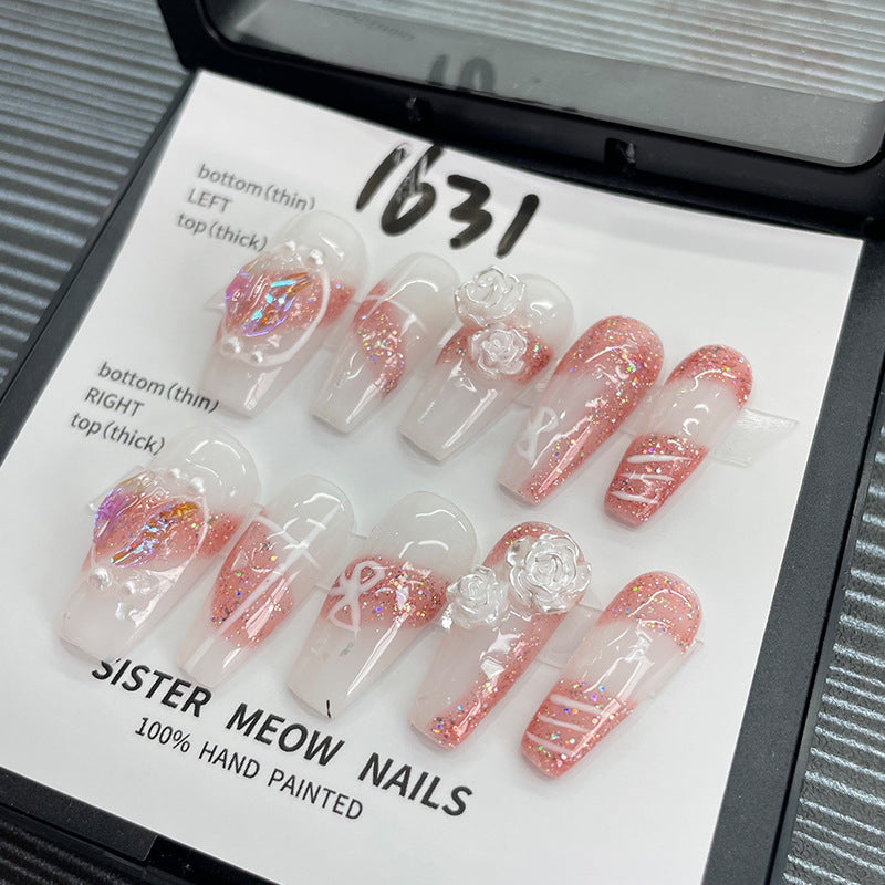 Designer: MeowMeow.Handmade Nail Designs Press on Nails DIY Nail Art for woman girl Long Coffin pink