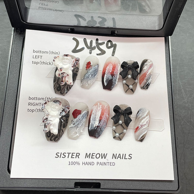Designer: MeowMeow.Handmade Nail Designs Press on Nails DIY Nail Art for woman girl Long Coffin black