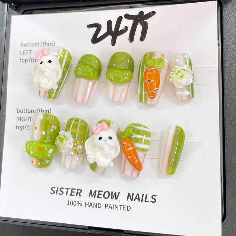 Designer: MeowMeow.Handmade Nail Designs Press on Nails DIY Nail Art for woman girl Long Coffin green Cartoon