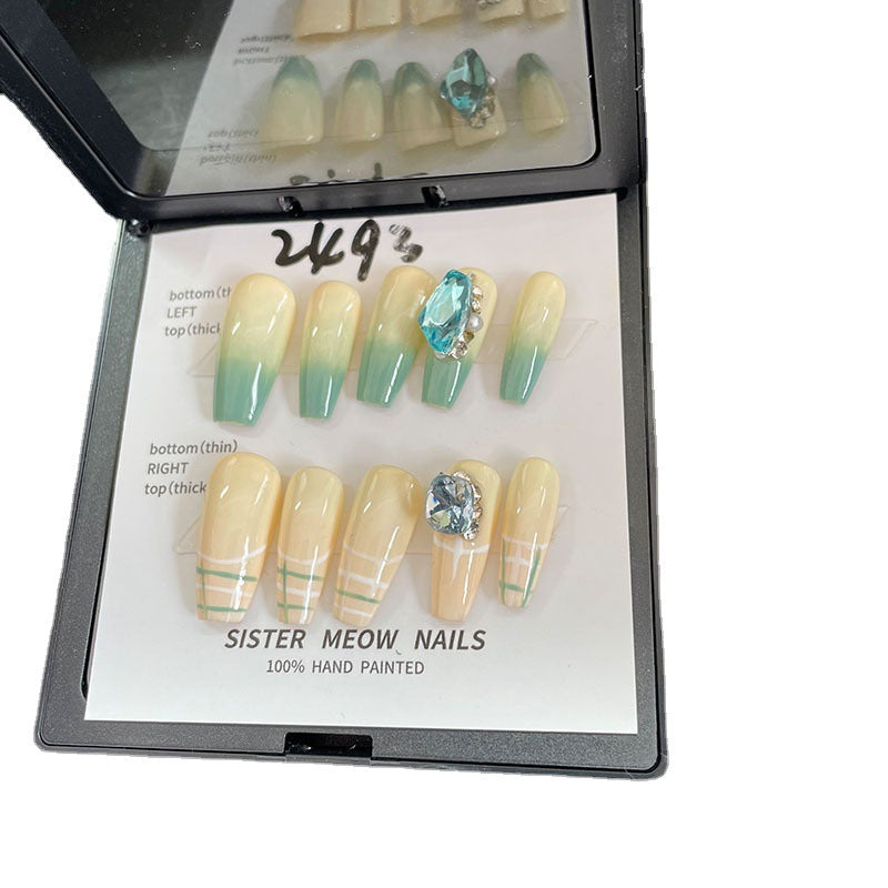 Designer: MeowMeow.Handmade Nail Designs Press on Nails DIY Nail Art for woman girl Long Coffin green rhinestone