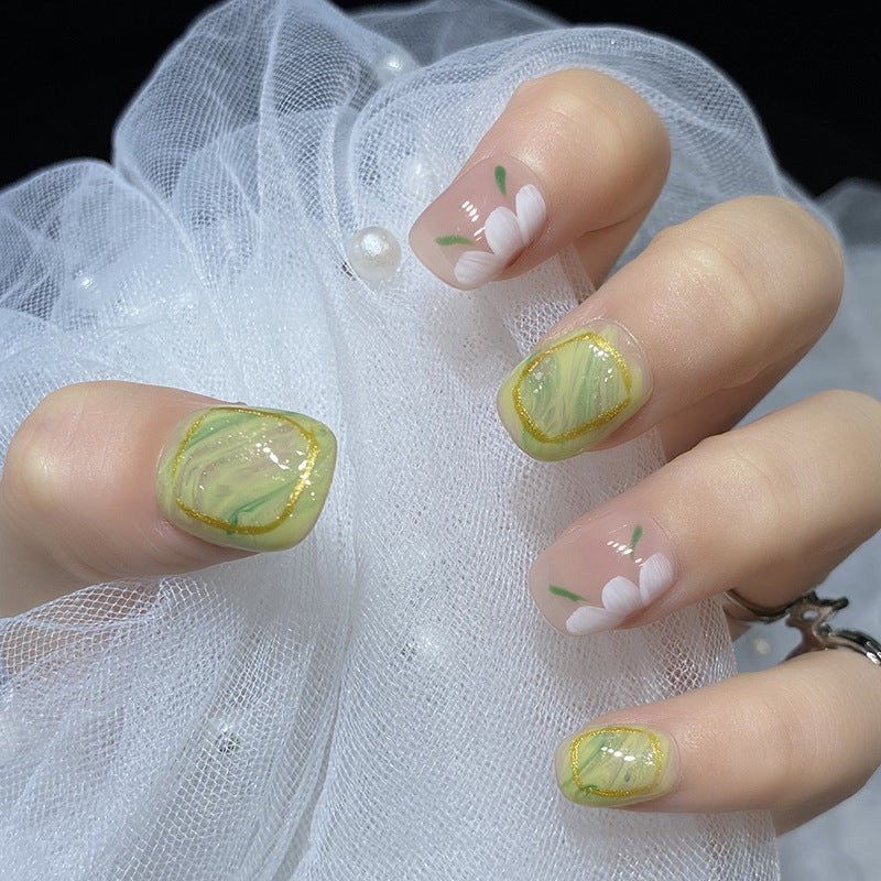 Designer: HuaHua.Handmade nails Press on Nails DIY Nail Art for woman girl Short Square pink green