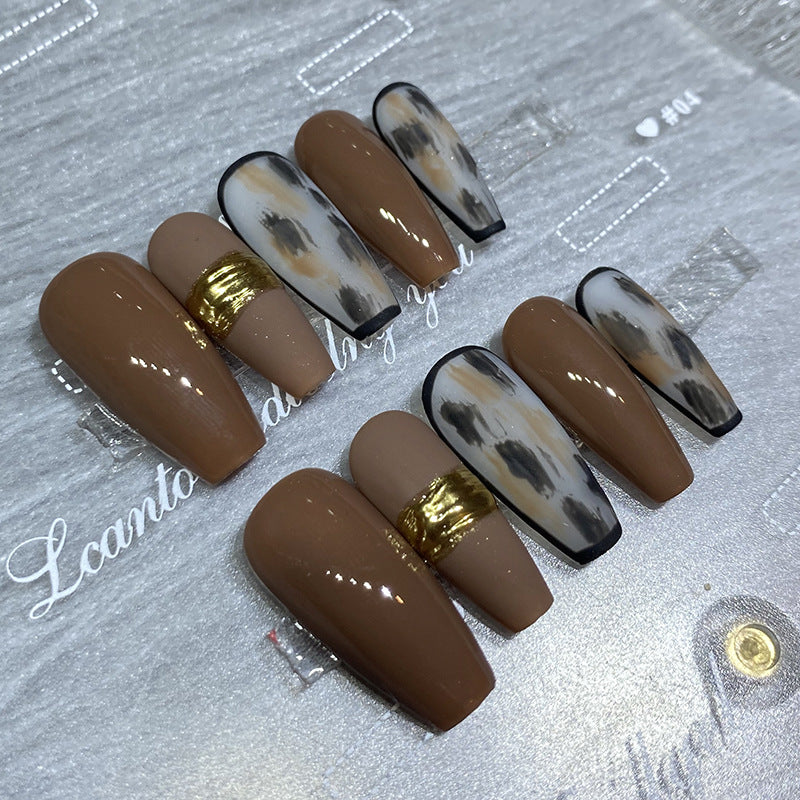 Designer: HuaHua.Handmade nails Press on Nails DIY Nail Art for woman girl brown Long Coffin