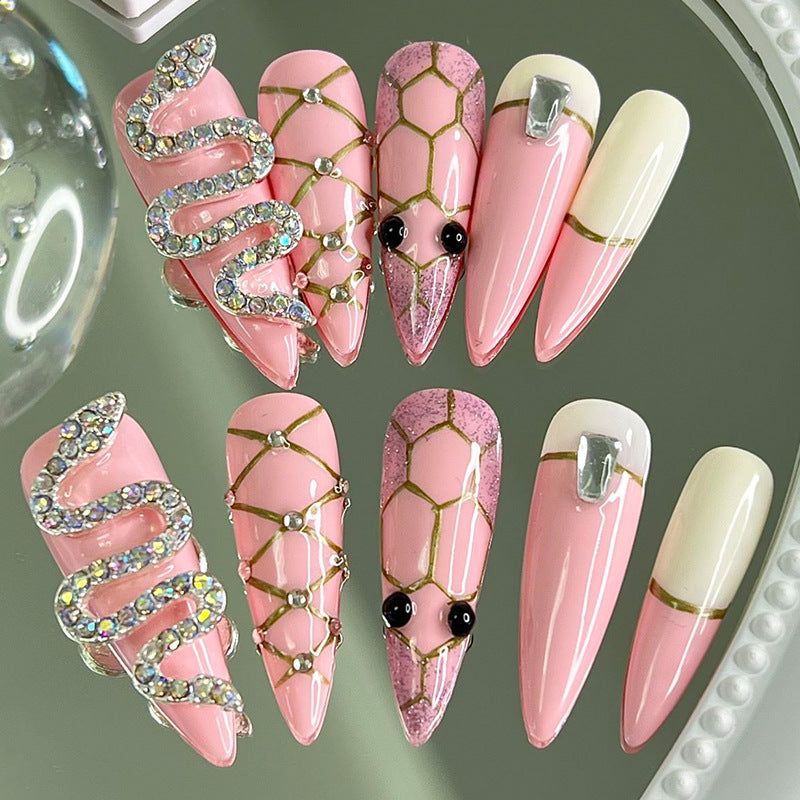 Designer: MeowMeow.2968 Handmade Nail Designs Press on Nails DIY Nail Art for woman girl Almond Long pink