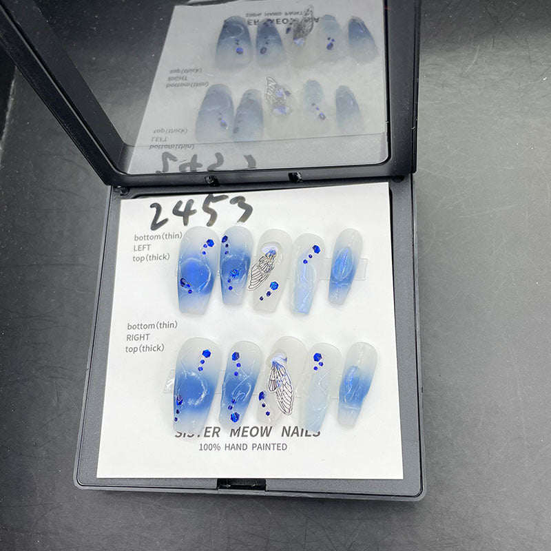 Designer: MeowMeow.Handmade Nail Designs Press on Nails DIY Nail Art for woman girl Long Coffin blue