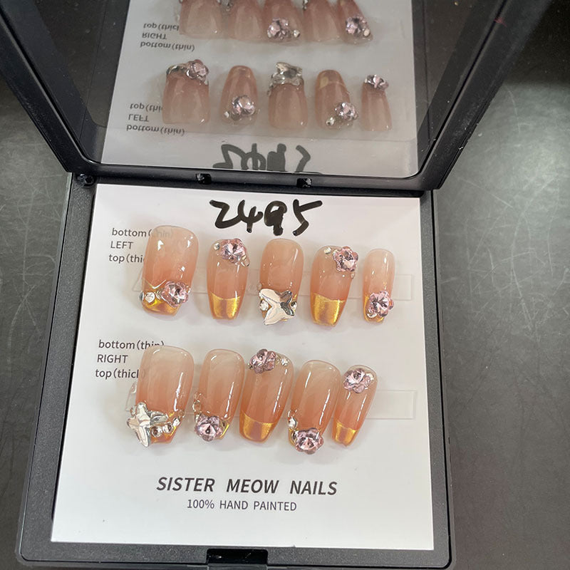 Designer: MeowMeow.Handmade Nail Designs Press on Nails DIY Nail Art for woman girl Long Coffin pink rhinestone