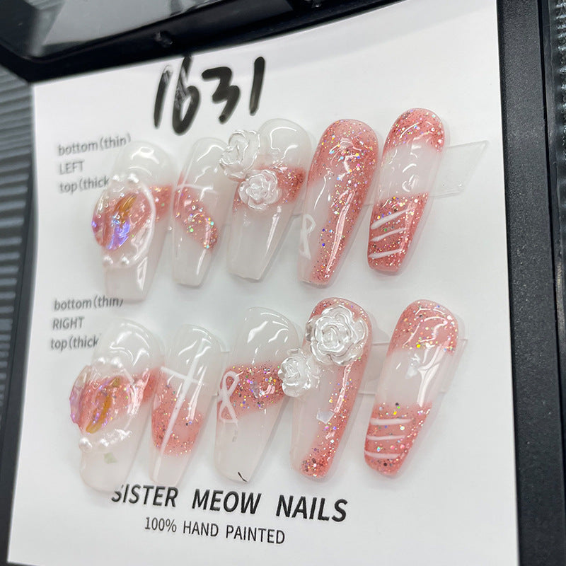 Designer: MeowMeow.Handmade Nail Designs Press on Nails DIY Nail Art for woman girl Long Coffin pink