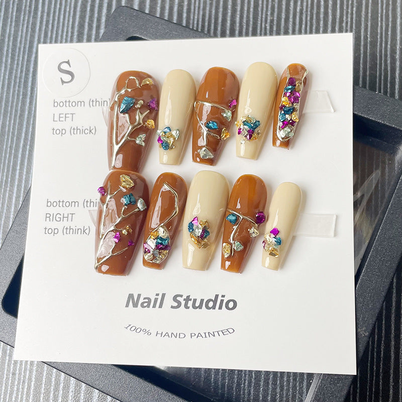 Designer: MeowMeow.Handmade Nail Designs Press on Nails DIY Nail Art for woman girl brown Long Coffin rhinestone