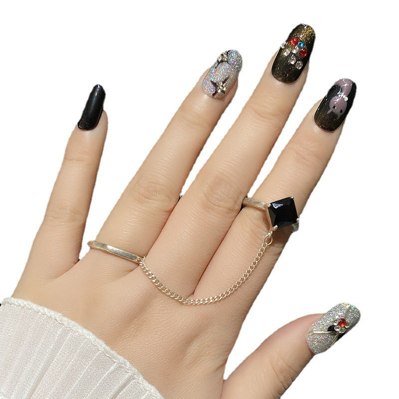 Designer: HuaHua.Handmade nails Press on Nails DIY Nail Art for woman girl Long Square black