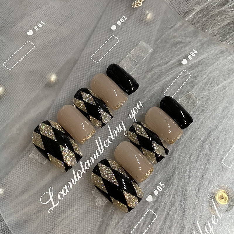 Designer: HuaHua.Handmade nails Press on Nails DIY Nail Art for woman girl Long Square pink black