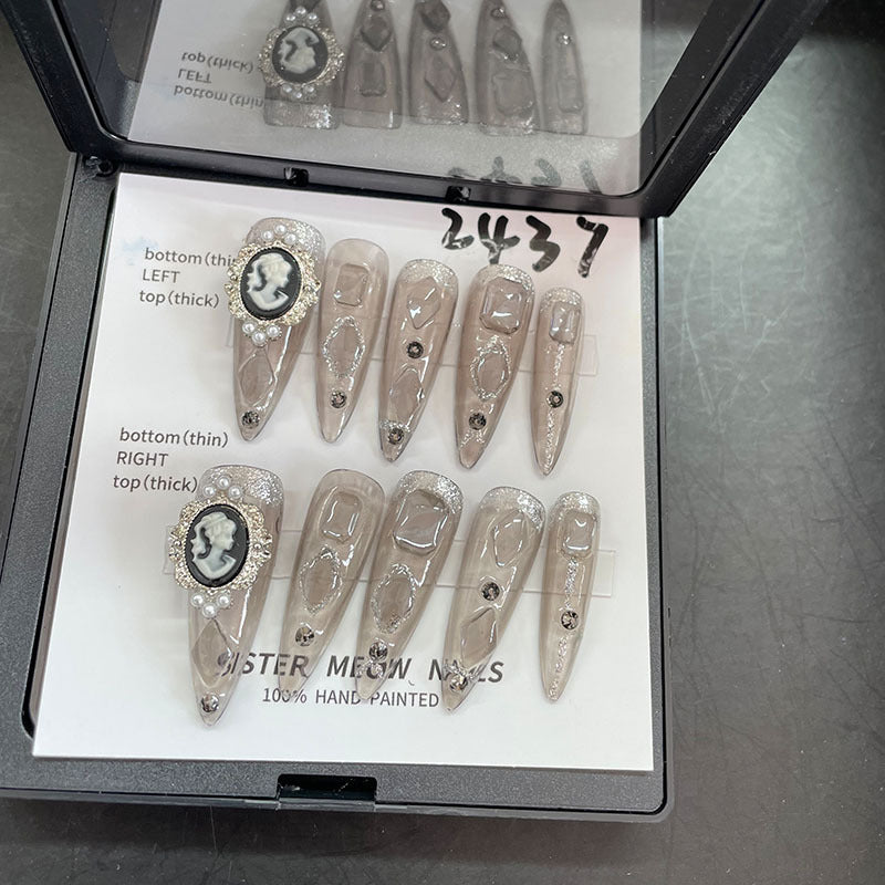 Designer: MeowMeow.Handmade Nail Designs Press on Nails DIY Nail Art for woman girl Almond Long gray