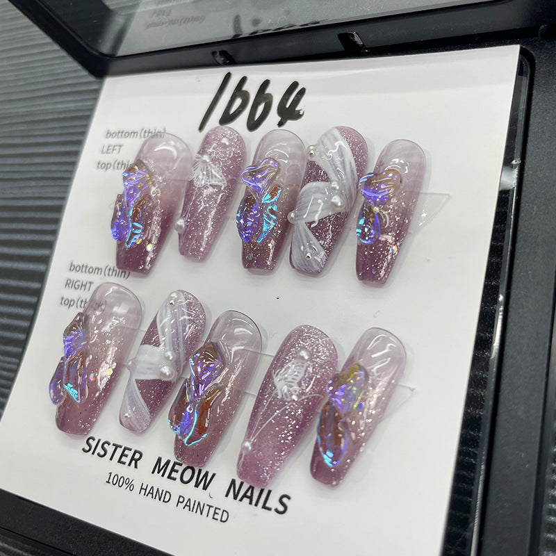 Designer: MeowMeow.Handmade Nail Designs Press on Nails DIY Nail Art for woman girl Long Coffin purple