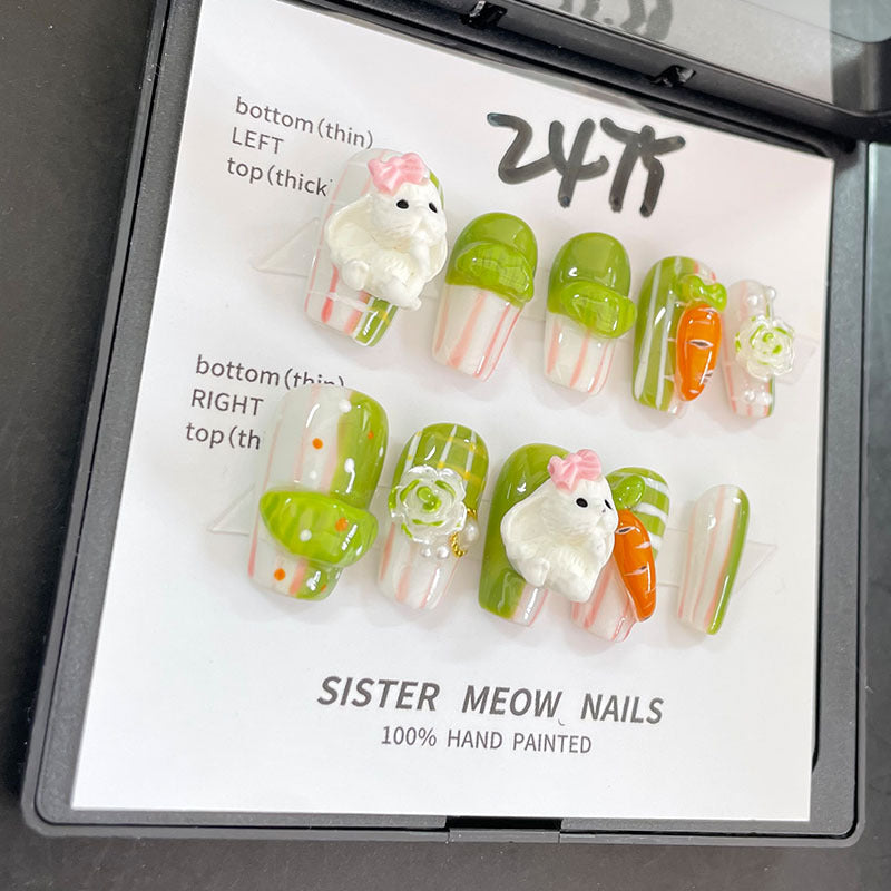 Designer: MeowMeow.Handmade Nail Designs Press on Nails DIY Nail Art for woman girl Long Coffin green Cartoon